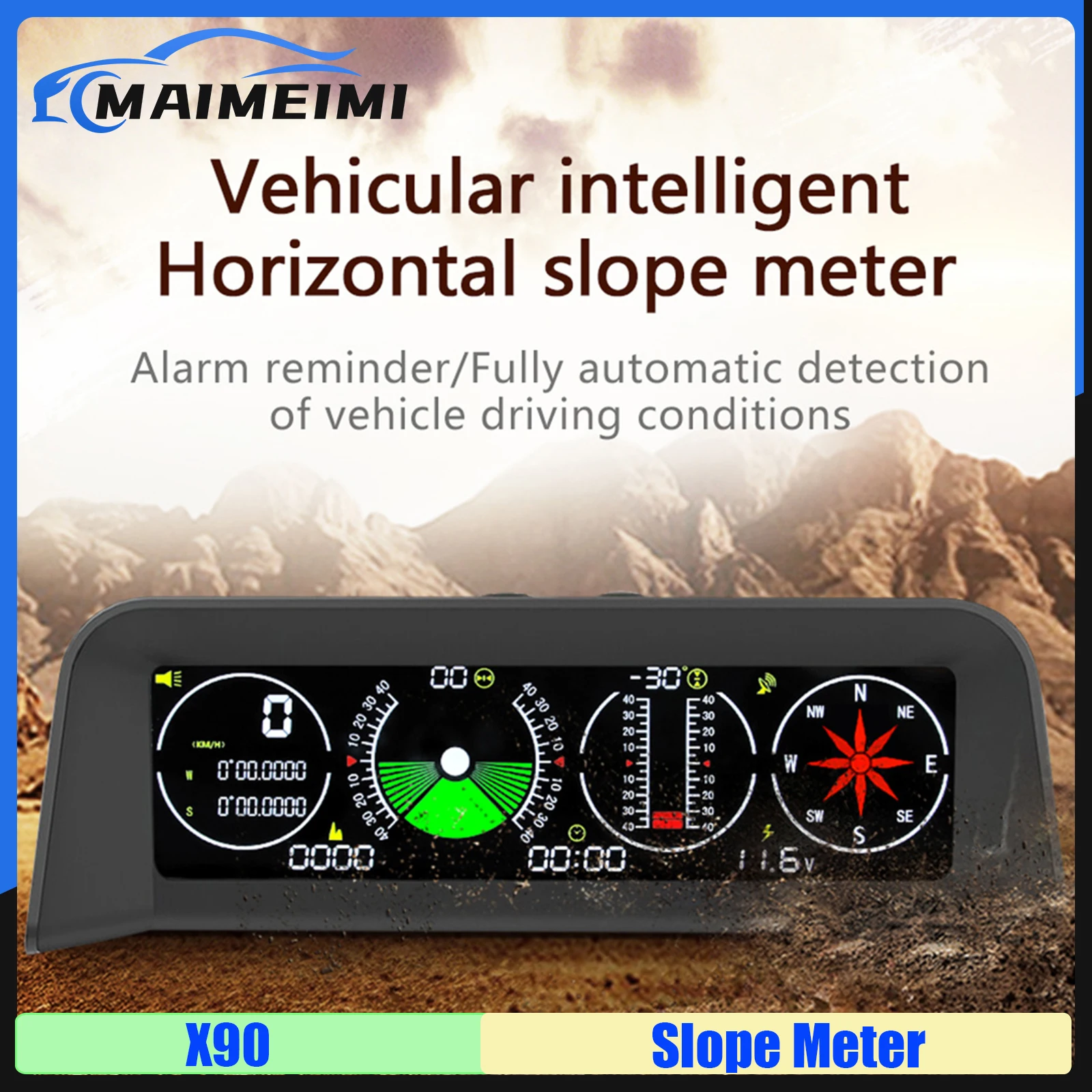 

X90 Slope Meter Inclinometer Car Altitude GPS Speedometer HUD Pitch Tilt Angle Protractor Clock Latitude Longitude Campass