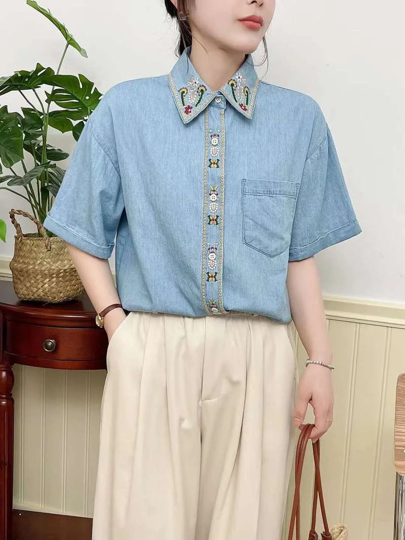 여성용 하라주쿠 패션 데님 셔츠 및 블라우스, 일본 스타일 자수 청바지 셔츠, Y2K 빈티지 탑, 여름