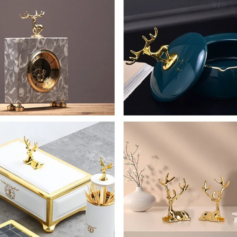 1PC Elk Deer Statue Nordic Ornament Art Figurine Vintage Golden Handicraft Table Decoration Photo Props Home Gift