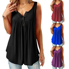 Comfy Loose Button Sleeveless Tank Top For Women Plus size Solid U Neck Female Camisole  Pleated Ladies Button 2022 Summer New