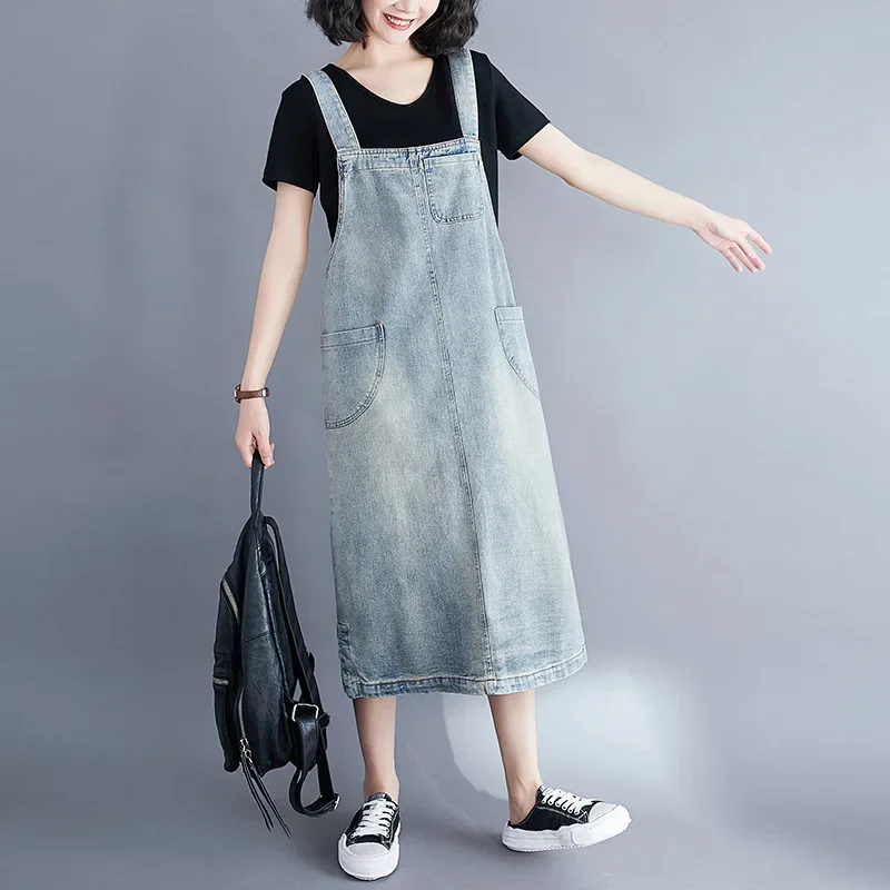 

Women Denim Dress Sundress Casual Loose Sleeveless Overalls Dresses Female Sweet A Line Suspender Long Dress Summer