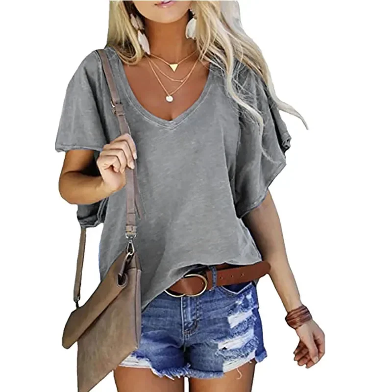 

2022 spring and summer women's new solid color lotus leaf sleeve loose V-neck short-sleeved top T-shirt GRAY22