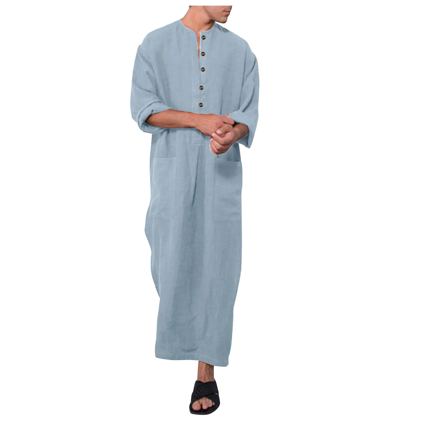 

Men's Muslim Clothes Full Sleeve Stand Collar Long Robe Jubba Thobe Kaftan Abayas Islamic Clothing Pockets Button Arabic Dress