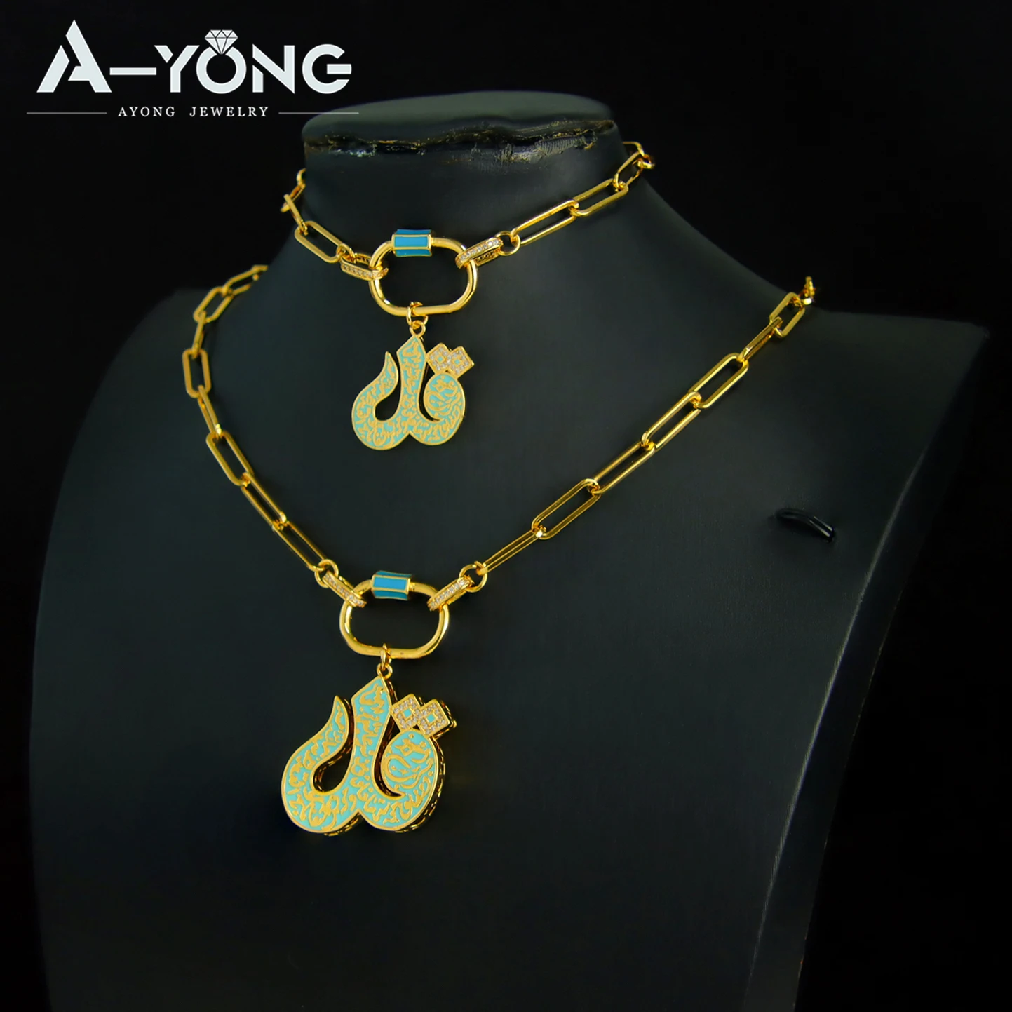Arabisches islamisches Amulett-Schmuckset, 21 Karat vergoldet, Dubai, Hip Hop, kubanische Halskette, Armband, italienische Frauen, Luxus-Punk-Party-Schmuck – Detail 12