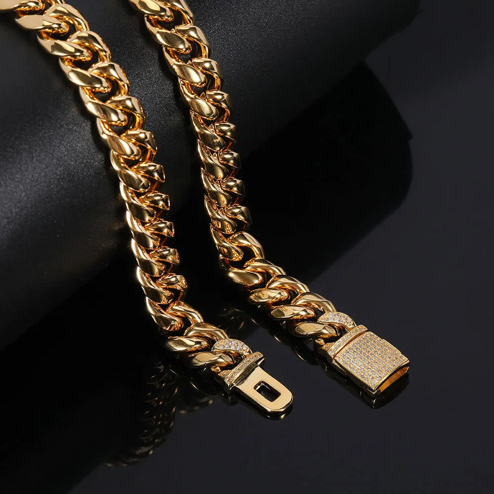 12mm Hip Hop Zircon Flap Buckle Bracelet for Men Women Stainless Steel Cuban Chain Gold Plated Titanium Steel Bracelet Jewelry