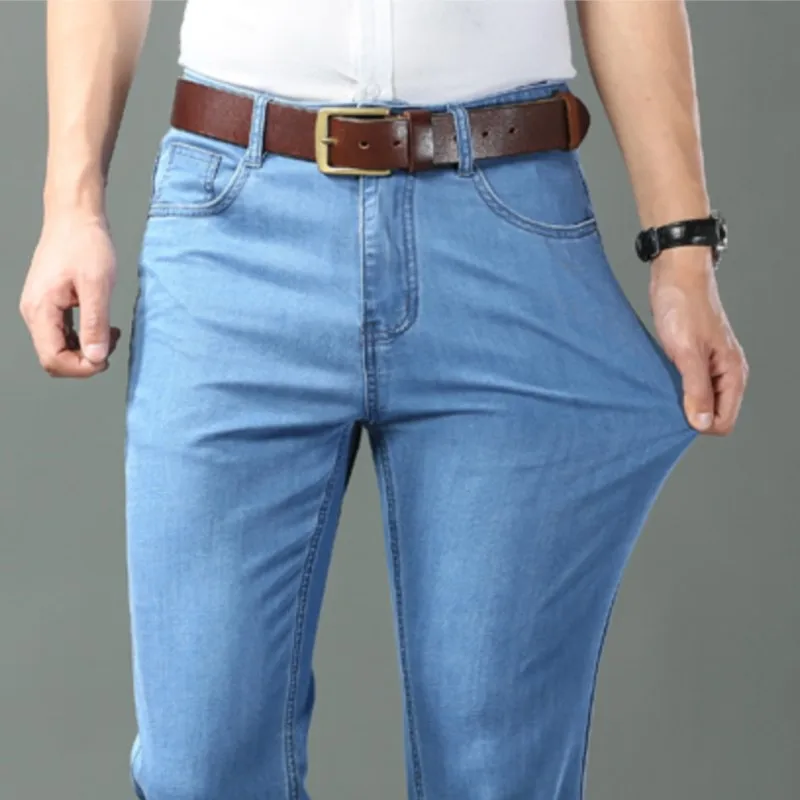 New Ice Silk Thin Denim Jeans For Men Blue Straight Stretch Cotton Pants Business Casual Lightweight