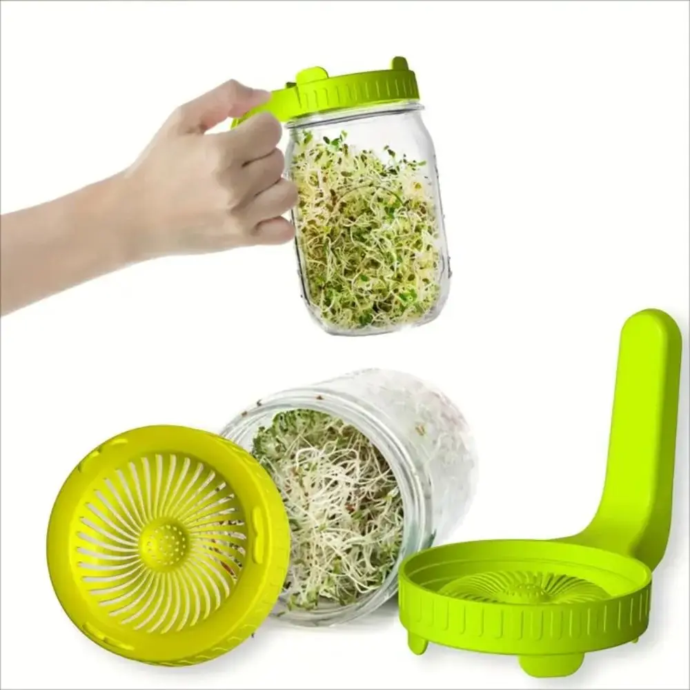 Green Sprouting lids Germination Plastic Mesh Mason Jar Lid with handle 86mm Sprout Cover Growing Seed Crop