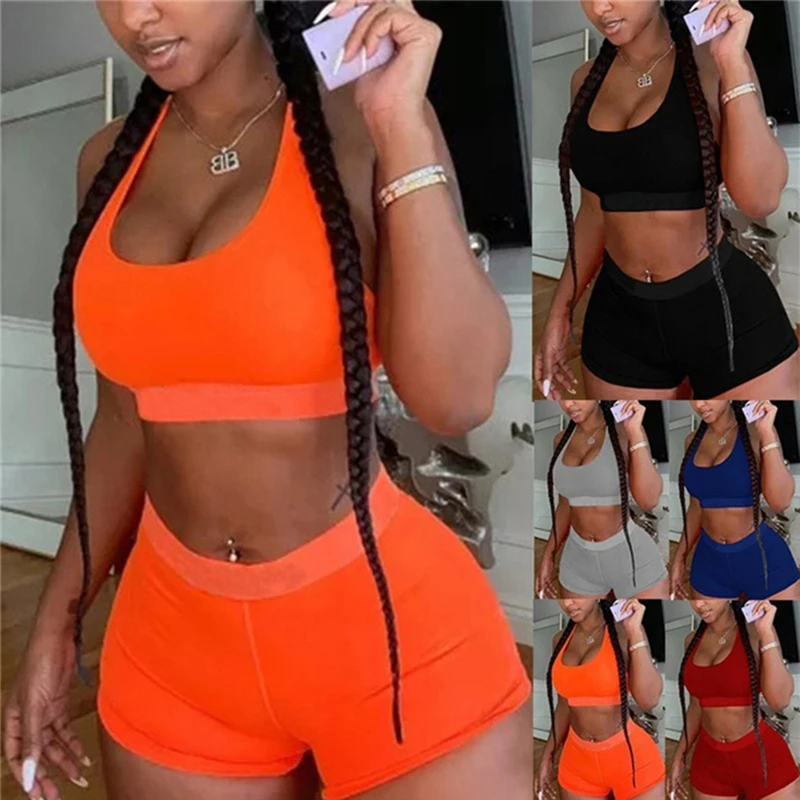 Solid Color Two Piece Club Suit Ladies Spaghetti Belt Crop Top And Mini Shorts High Quality Sexy Summer Female Suit