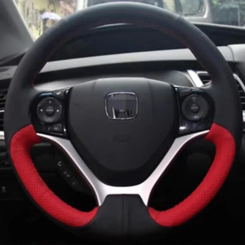 

DIY Hand Stitched Car Steering Wheel Cover For Honda Civic 9 2012-2015 Jed 2013-2018 black red suede non-slip Car Accessories