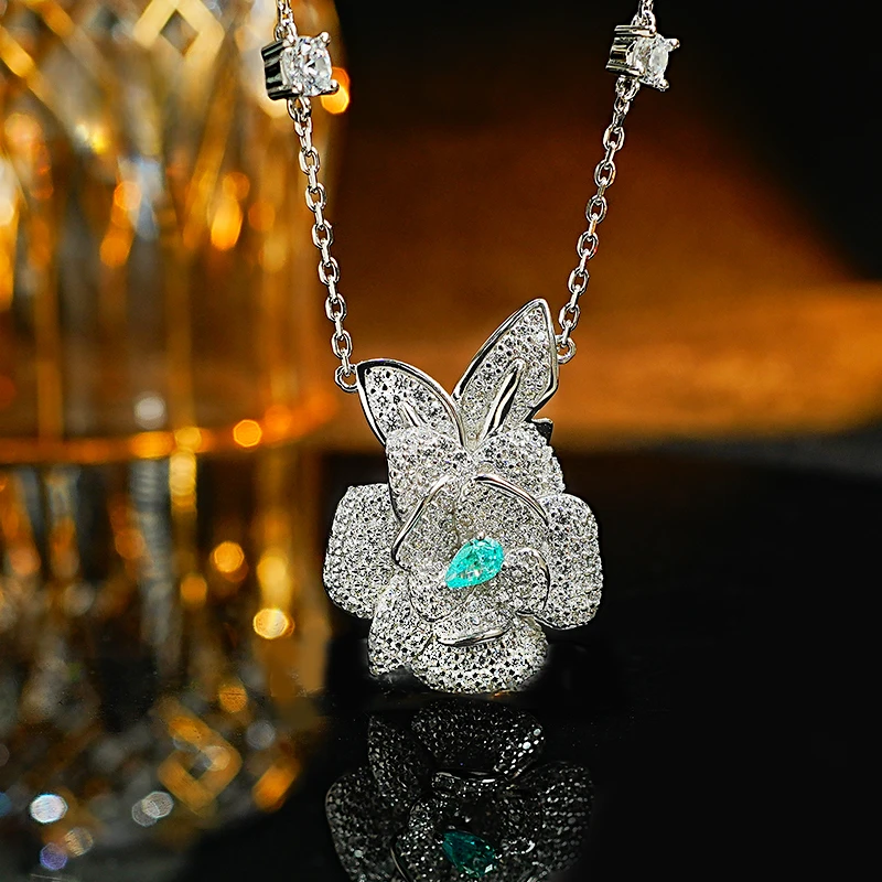 

Light Luxury Peony Flower Versatile 925 Silver Pendant Set with High Carbon Diamond Water Droplets, Fashionable Woman