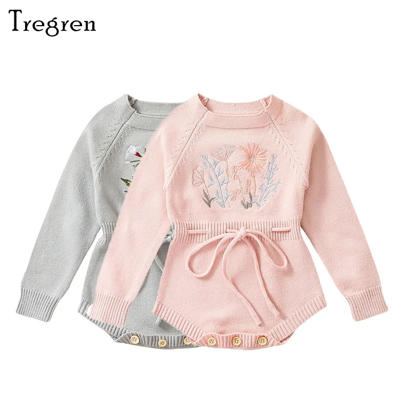 

Tregren 0-24M Infant Baby Girls Sweater Romper Fall Long Sleeve Floral Embroidery Drawstring Princess Jumpsuit Winter Bodysuits