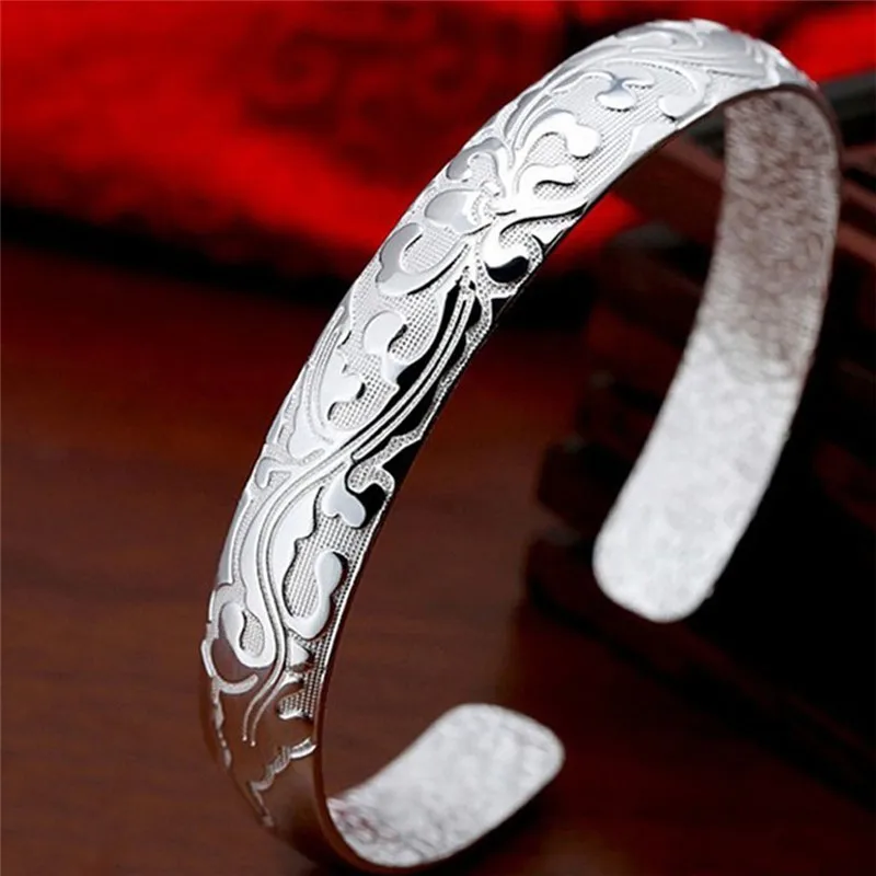 Silver Plated Bezel Open Bangle Bracelet Jewelry Women Female Models Blossoming