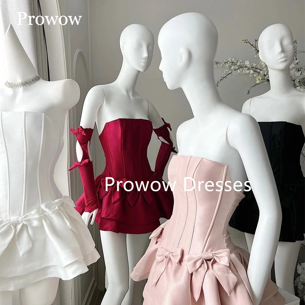 Prowow Strapless Mini Prom Cocktail Dress With Gloves A Line Wedding Party Dress Women Formal Gown