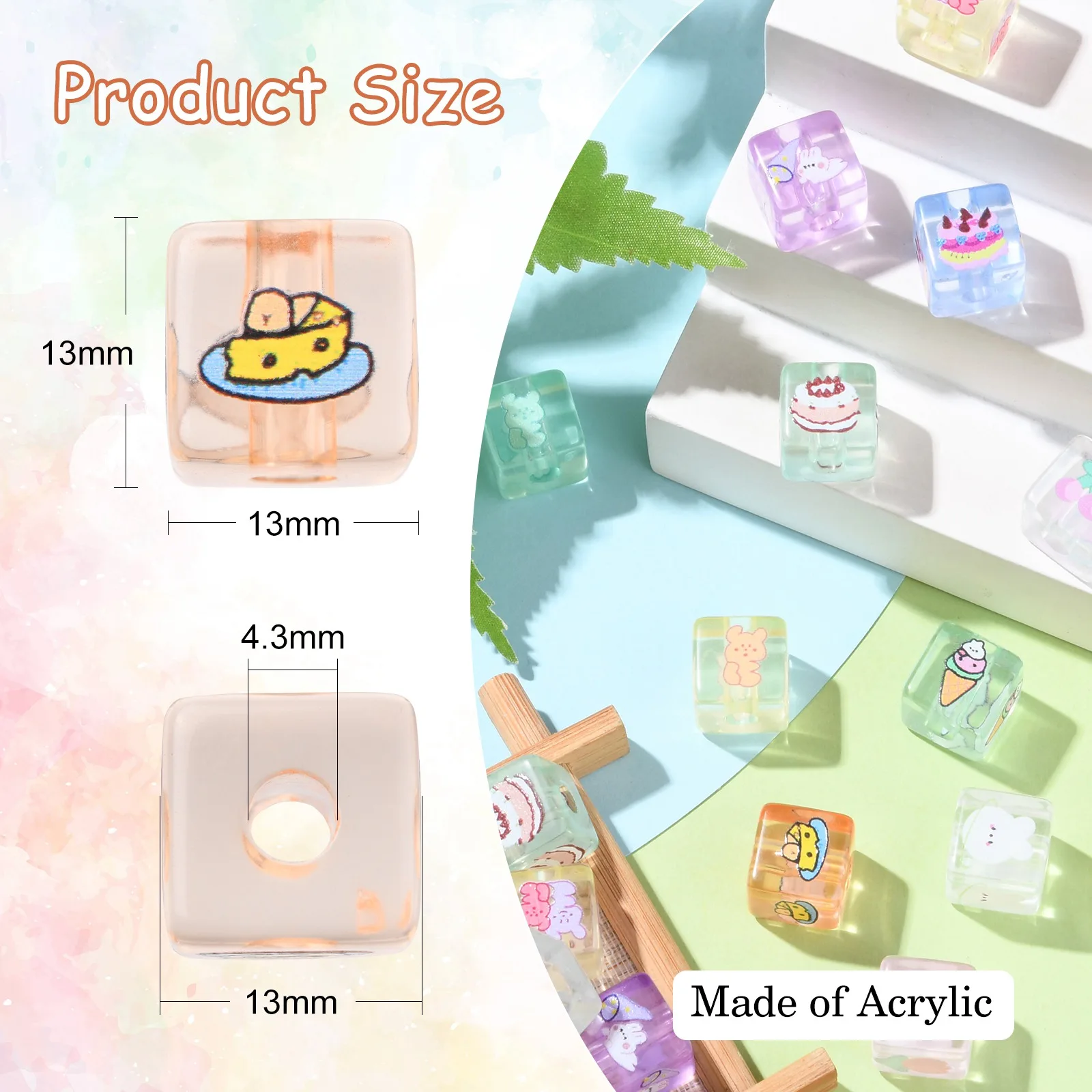 PandaHall 50Pcs Random Color Printed Square Shape Acrylic European Beads Cute Acrylic Beads with Large Hole for Jewelry Making