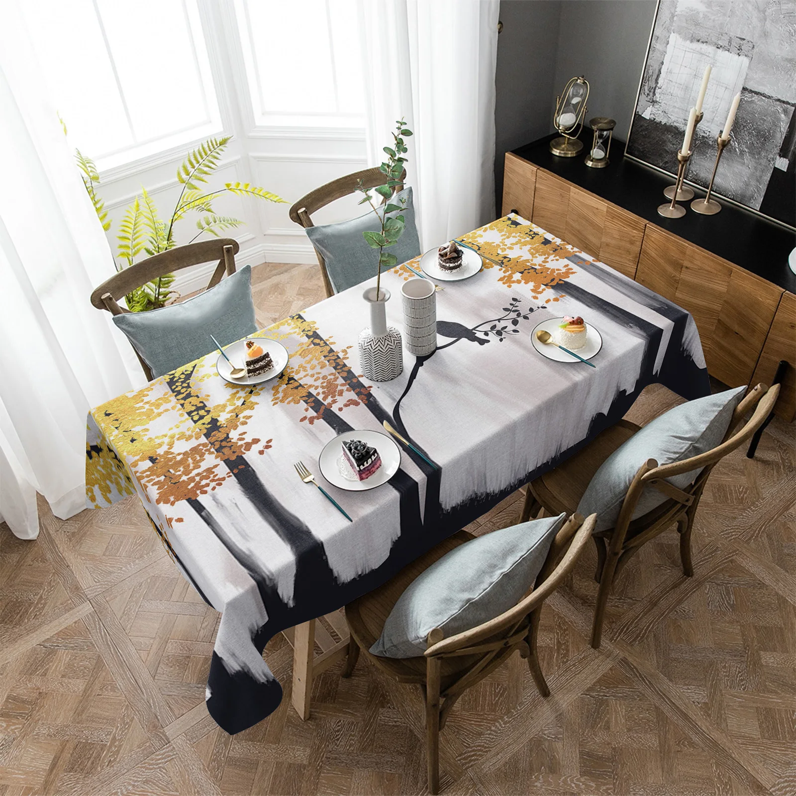 

Водонепроницаемая скатерть с рисунком лесного дерева и птицы, аксессуары для украшения стола, прямоугольная ткань для декора кухонного стола