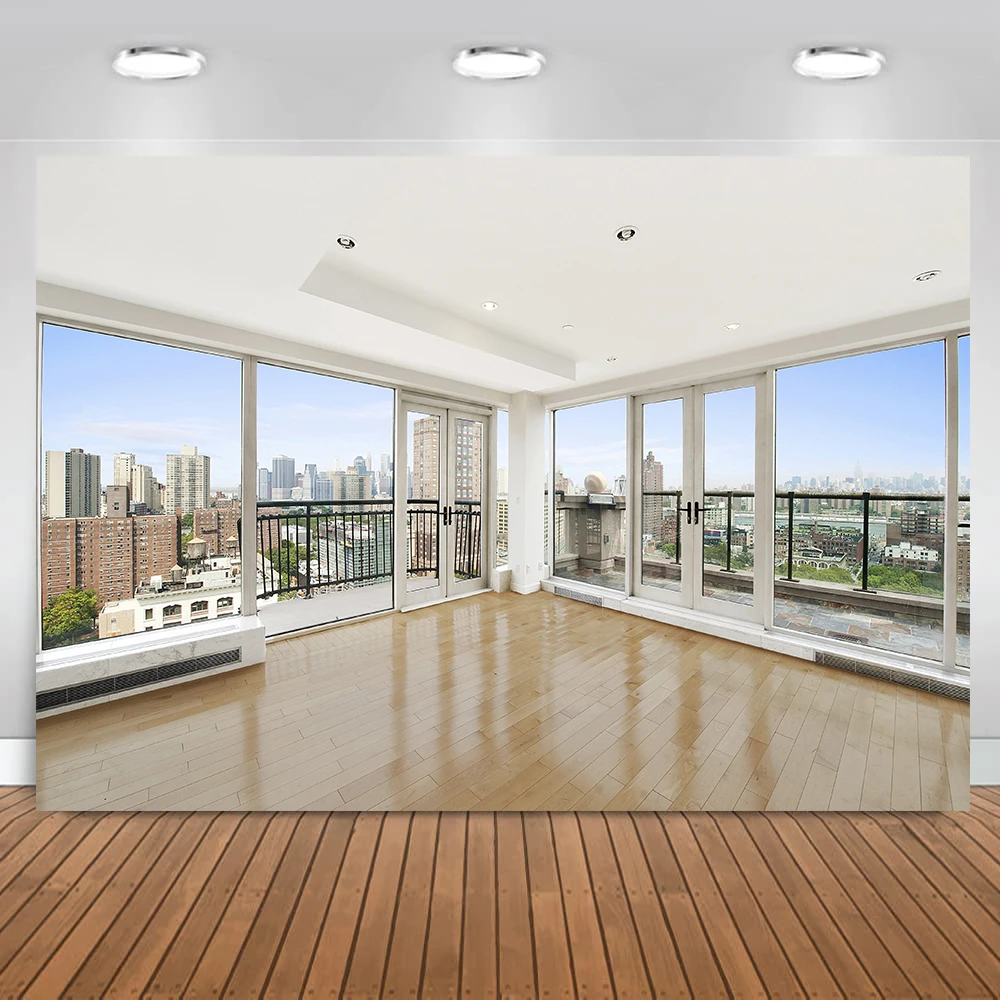 

Urban landscape background French windows wood floor indoor living room modern architecture office vinyl photography background