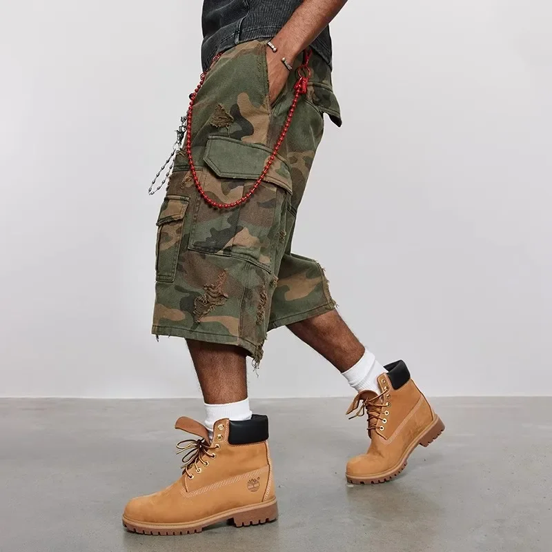 Destroy Camouflage Grinding Washed Cropped Pants Ripped Shorts Loose Wide-leg Shorts 2