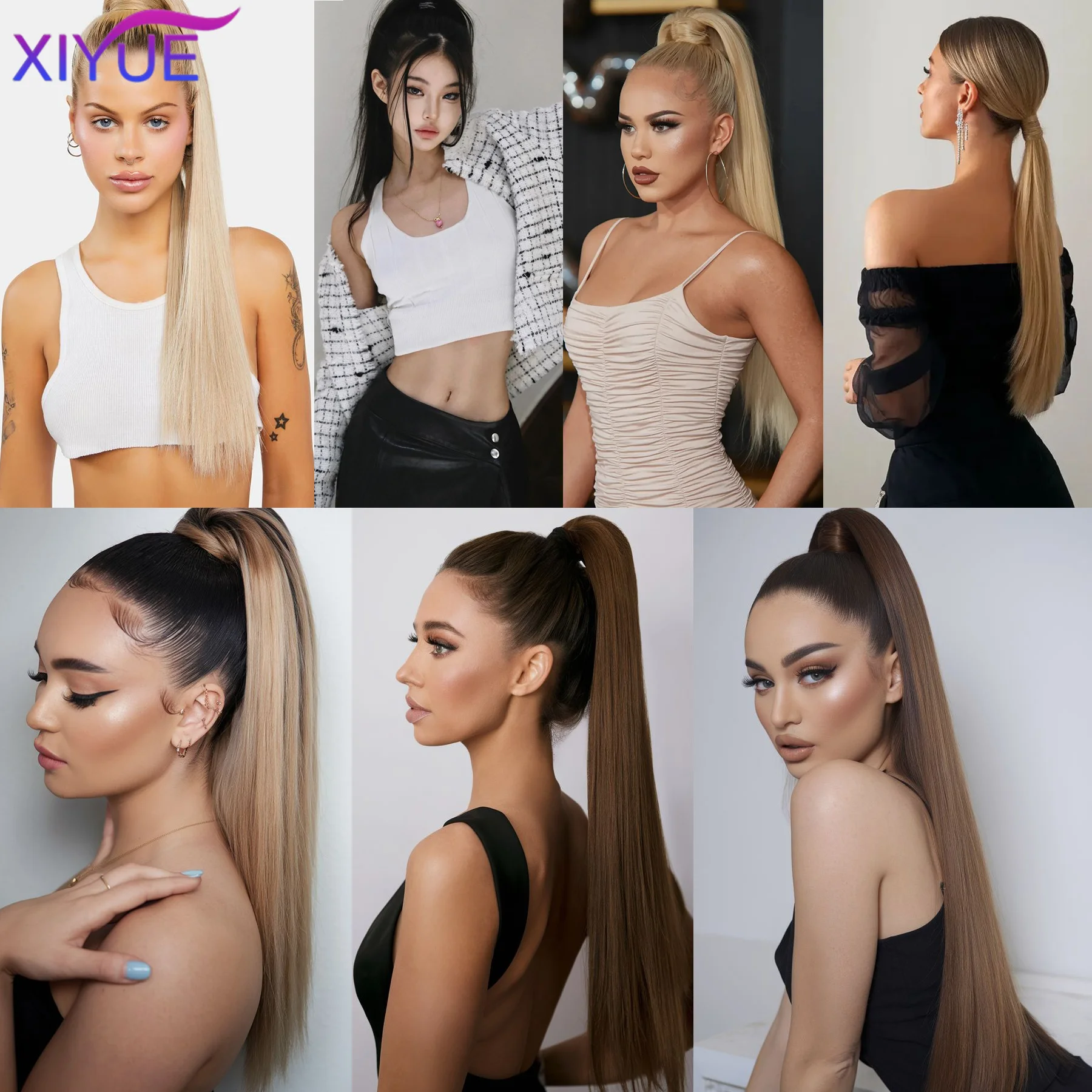 32Inch Synthetic Long Straight Claw Clip On Ponytail Hair Extensions Heat Resistant Ponytail Blonde Black Hairpiece for Women