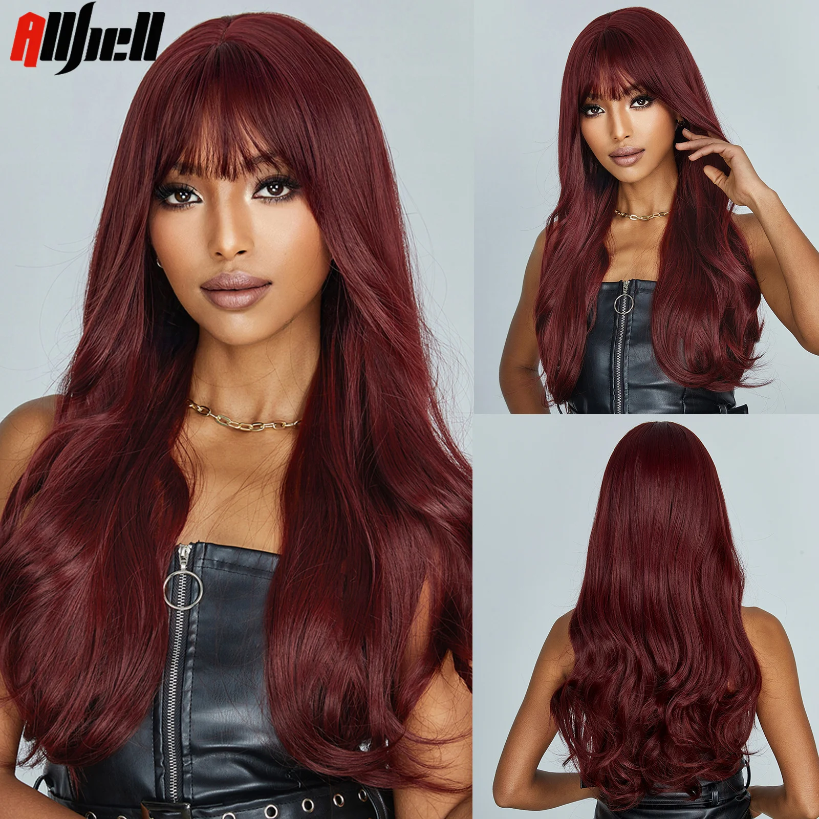 

Long Wavy Wigs with Bangs Copslay Wine Red Color Hair Synthetic Wig High Temperature for Black Women Party Halloween Costume Wig