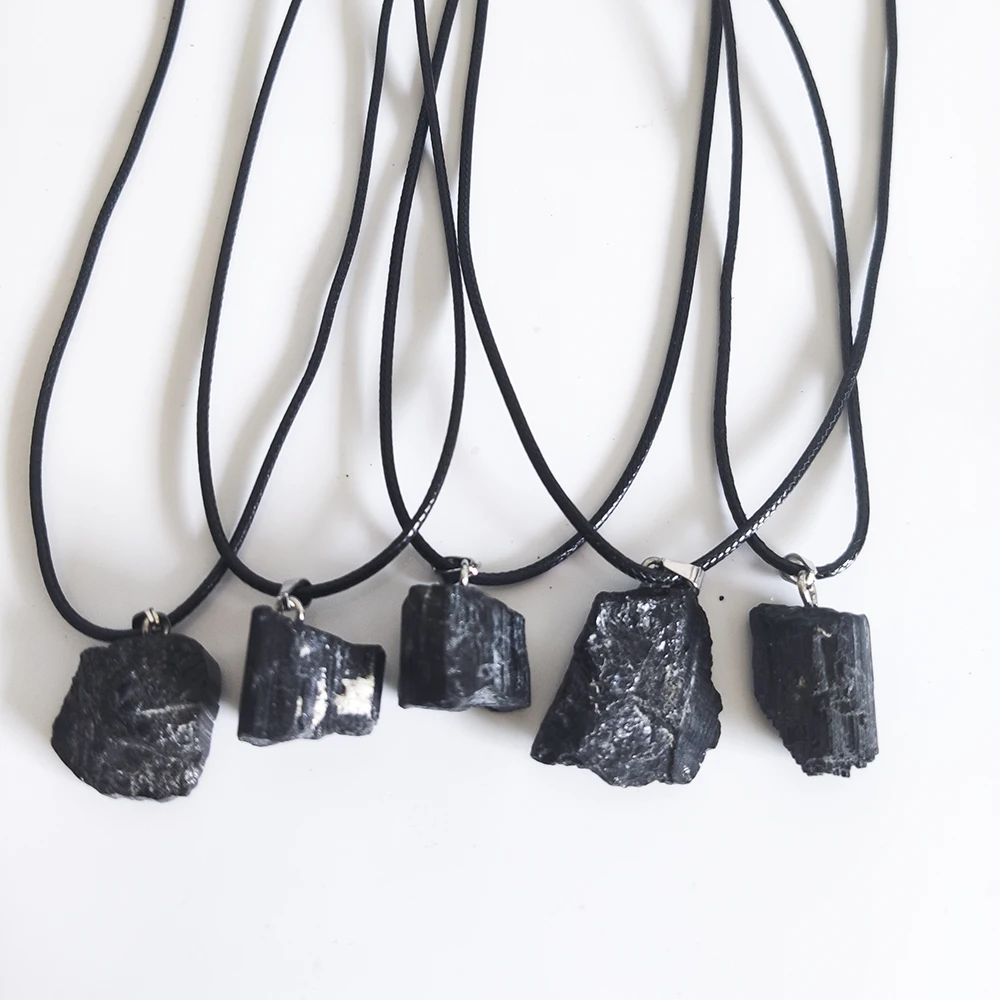 Natural Stone Black Tourmaline Irregular Pendants Rough Healing Crystal Repair Raw Ore Cylinder Necklaces Men Women Jewellry