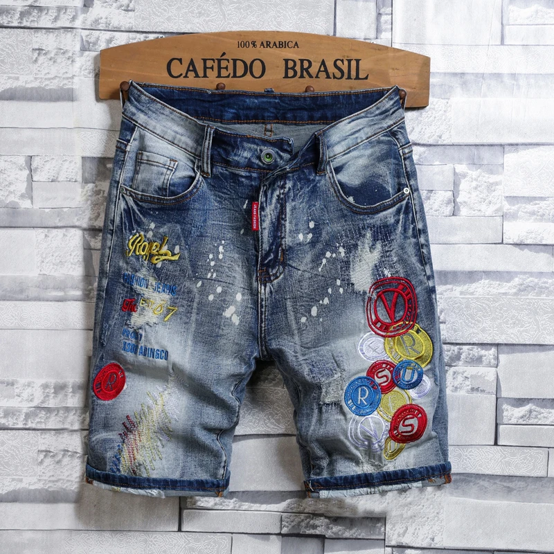 High End Trendy Embroidery With Hole Patches Versatile Men Denim Shorts Straight Fit Elastic Personalized Casual Denim Capris