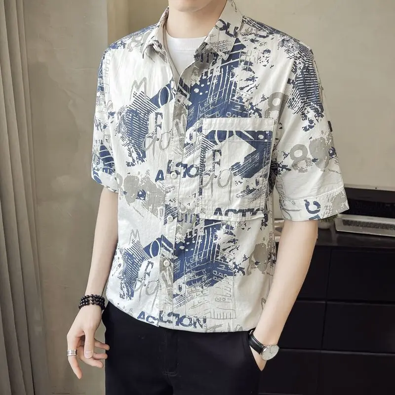 

Short Sleeved Shirt Men's Trendy Korean Style Casual Five Quarter Sleeves Shirt Summer Handsome Lapel Fashionable Printed Top