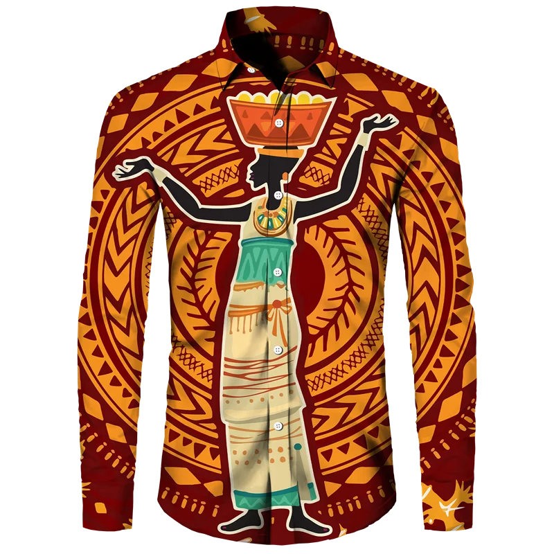 thumbnail image 1 of Camisa de manga larga informal con cuello vuelto y botones con estampado africano Dashiki para hombre, ropa de calle de moda, tops de tendencia, ropa para hombre, 1 of 4