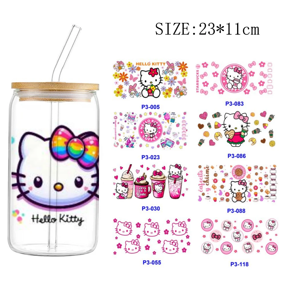 

1pcs Hello Kitty 16oz UV DTF Transfer Sticker For Libbey Glass Can Wraps Cup DIY Waterproof Decals