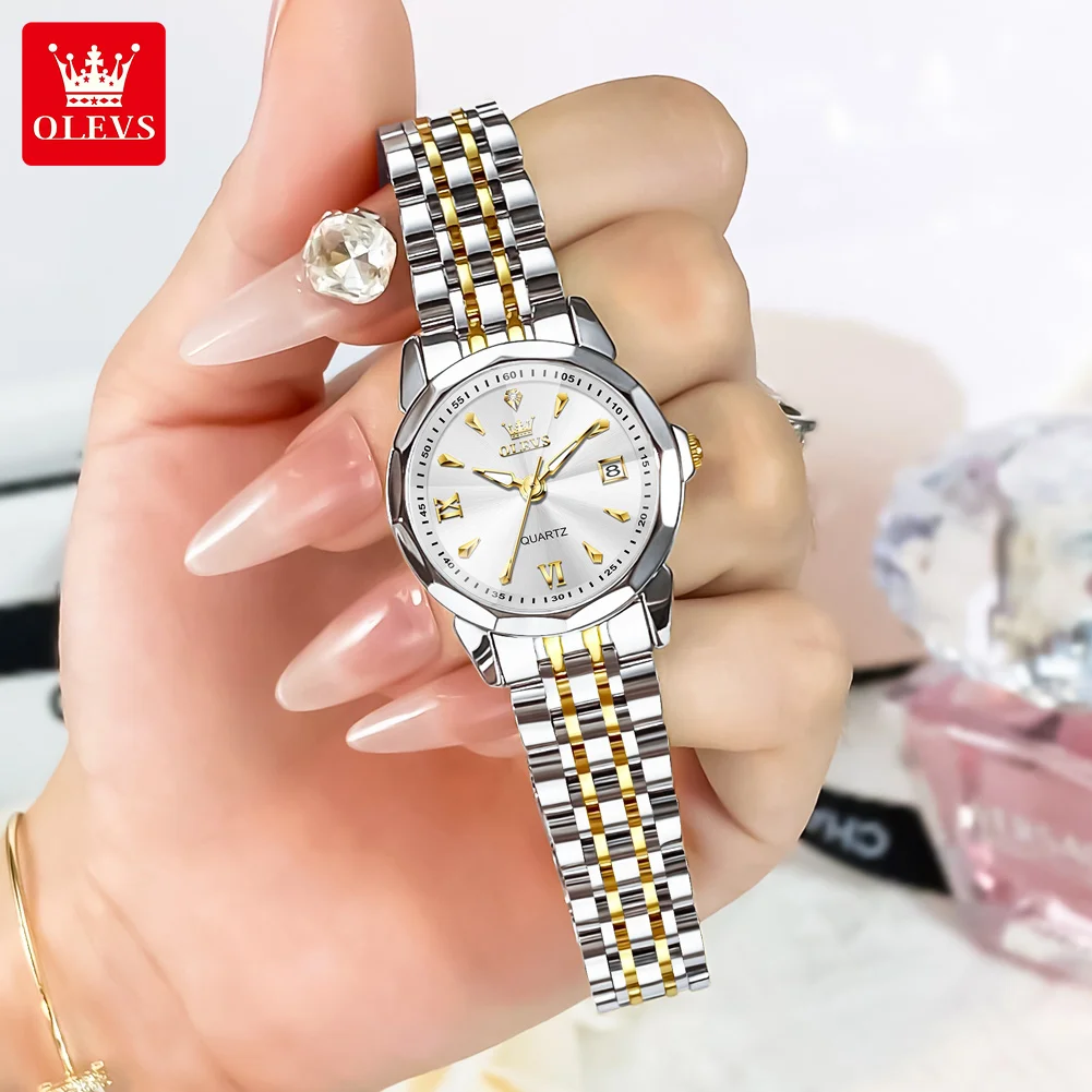 OLEVS 9998 Watch Woman Simple Calendar Quartz Watch For Women Rhombus Mirror Steel Strap Waterproof Business Ladies Wristwatch