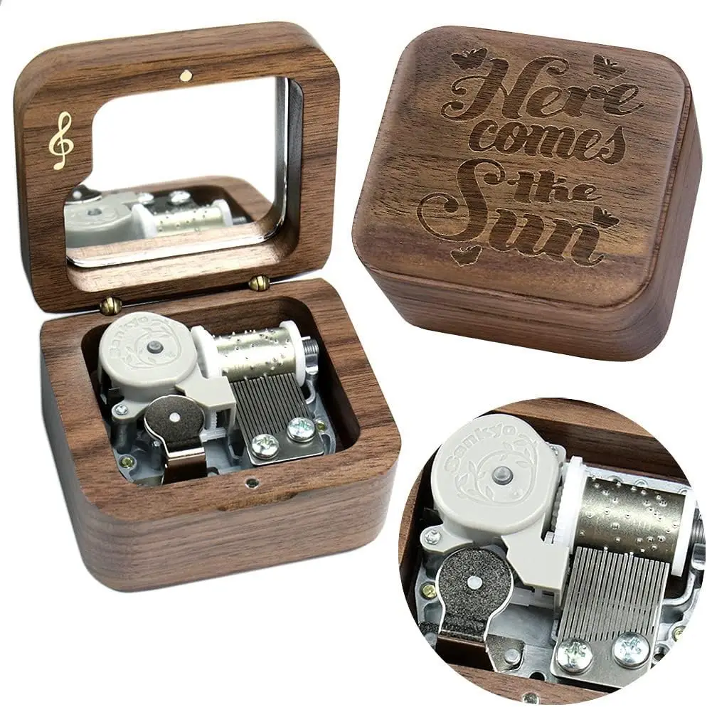 

SOFTALK Here Comes The Sun Solid wood walnut can pause music box Birthday, Christmas, Valentine's Day gifts