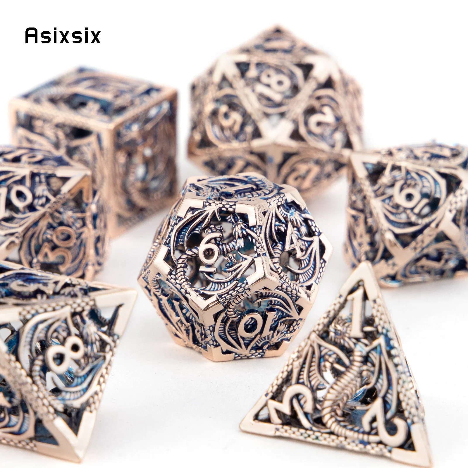 7개 구리 블루 드래곤 금속 주사위 세트, 롤플레잉 RPG 보드 게임 카드 게임에 적합한 속이 빈 금속 다면체 주사위 세트