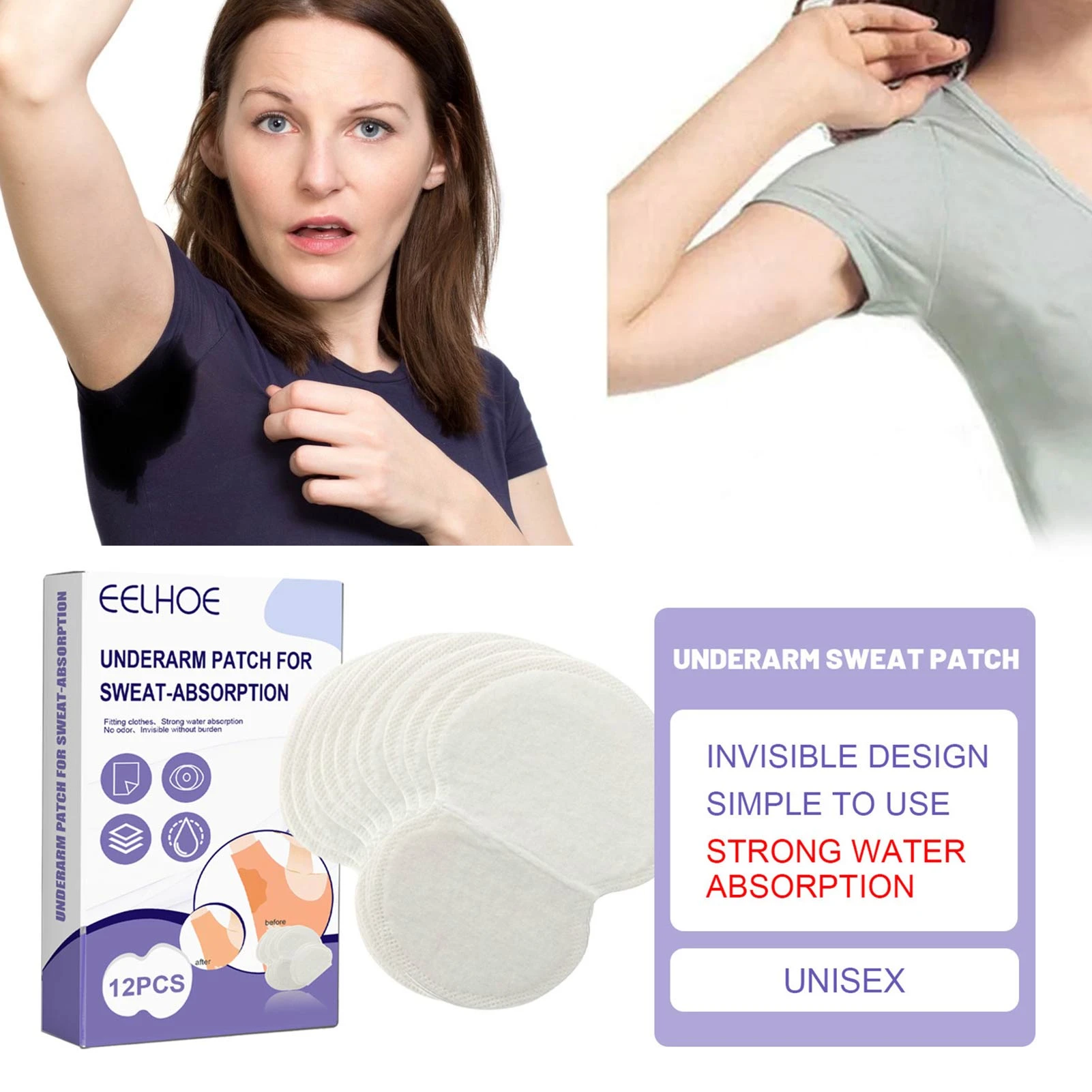 Almohadillas para el sudor en las axilas, protectores de vestir cómodos sin sabor para hiperhidrosis, 12 visibles, para ropa y camisa| |