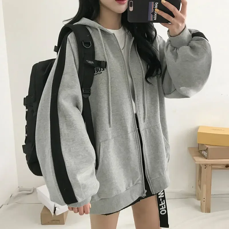 여성용 하라주쿠 오버사이즈 재킷 코트, 한국 스타일 집업 플리스 후드 스웻셔츠, 학생 가을 캐주얼 단색 긴 소매 후디 