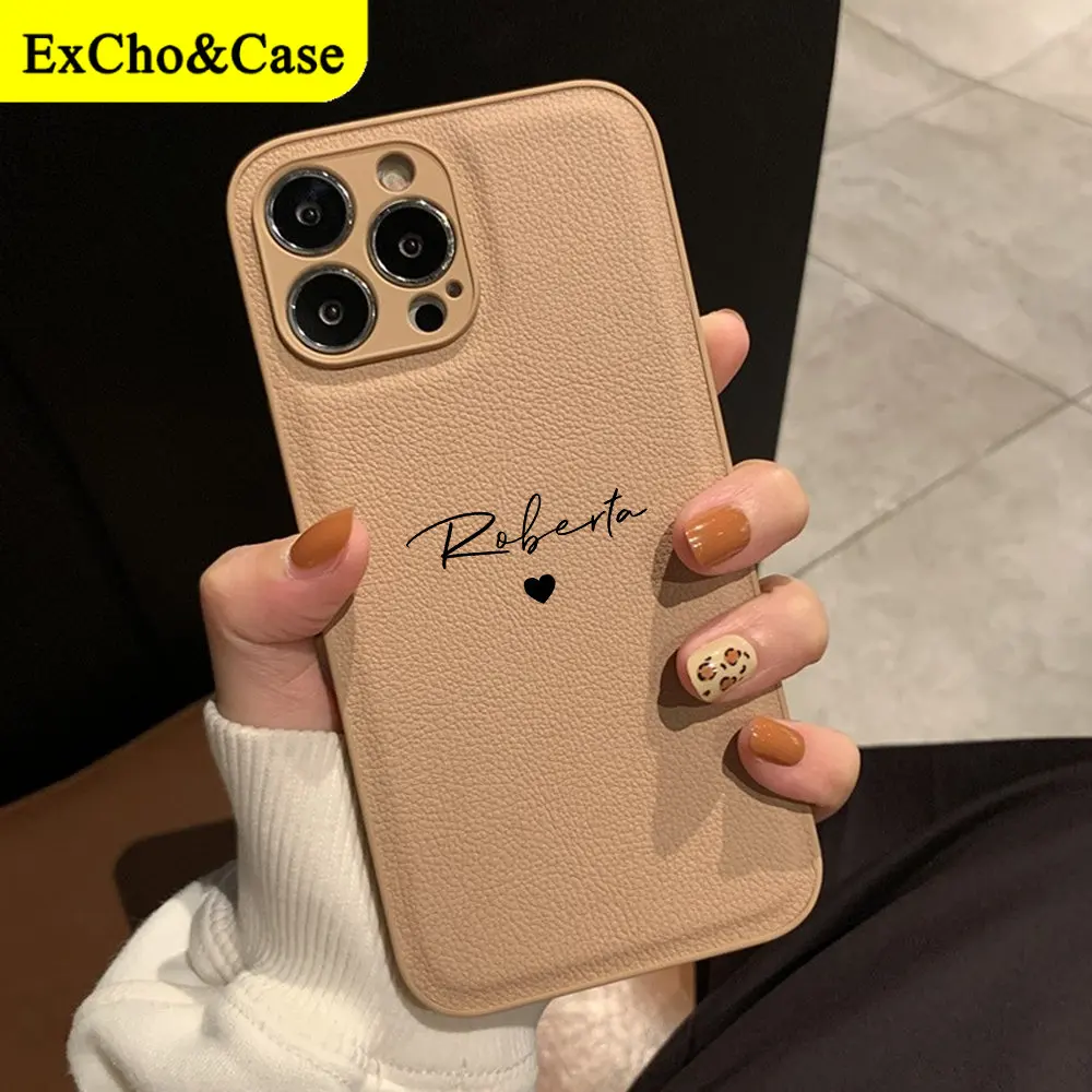 Funda de cuero PU personalizada con nombre y corazón para iPhone 15, 14, 13, 12, 11 Pro Max, XS, XR, 7, 8 Plus, funda de lujo para iPhone 15 Pro