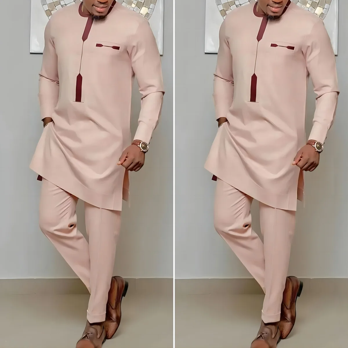 Muslim Style Pink Men's Casual Suit Festive Street Photo Play Daily Wear With Dress Long-Sleeved Top And Trousers 2-Piece Set