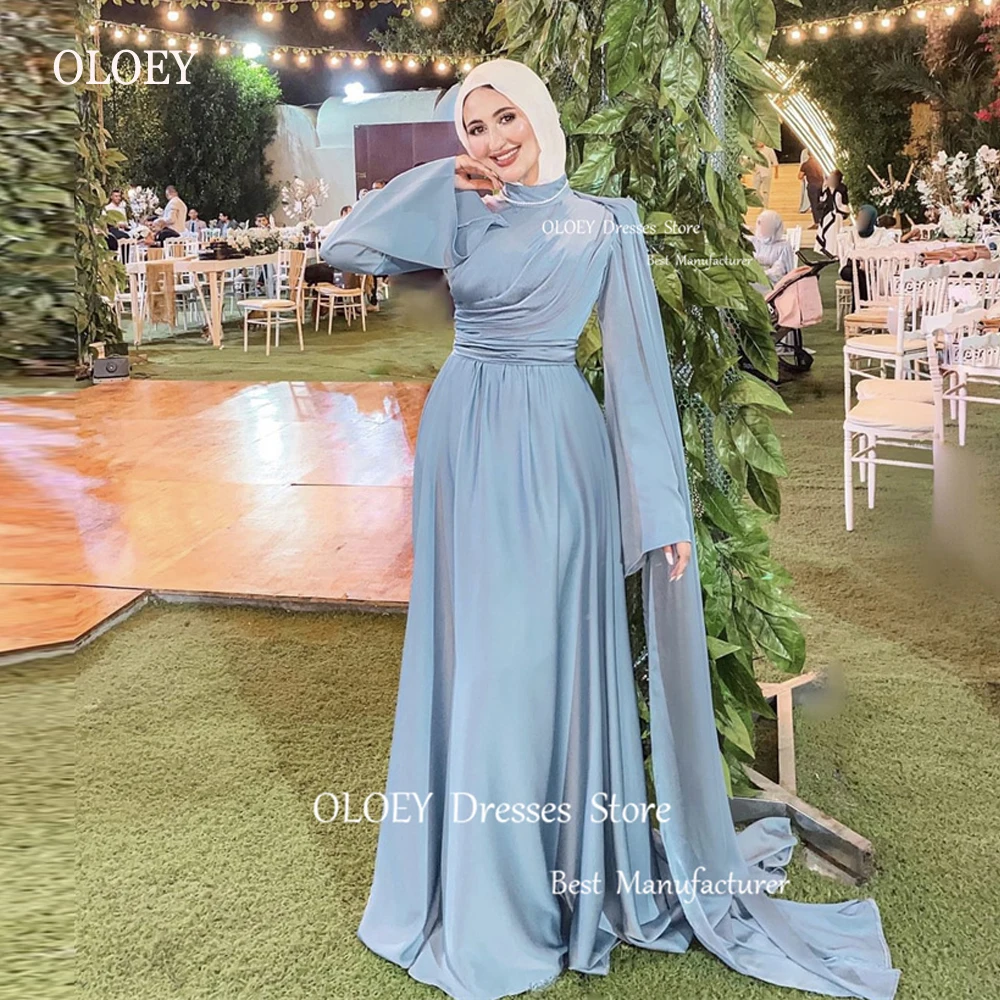 

OLOEY Simple Modest Dusty Blue Muslim Arabic Women Evening Dresses High Neck Long Sleeves Prom Gowns Formal Party Dress