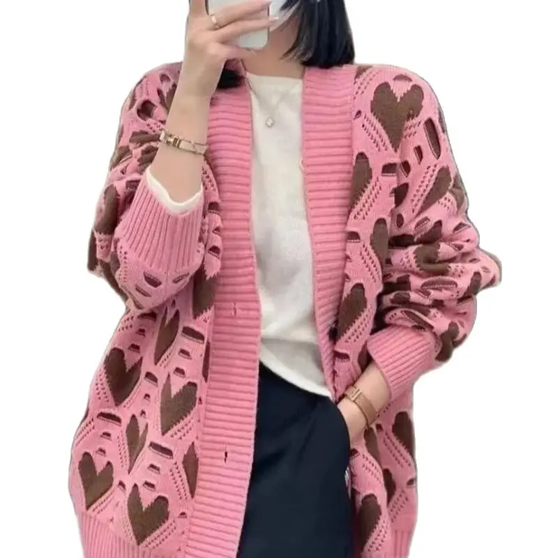 

2023 New Spring Autumn Heart Lazy Cardigan Sweater Coats For Women Clothing Streetwear Preppy Knitted Jackets Jersey Top BC236