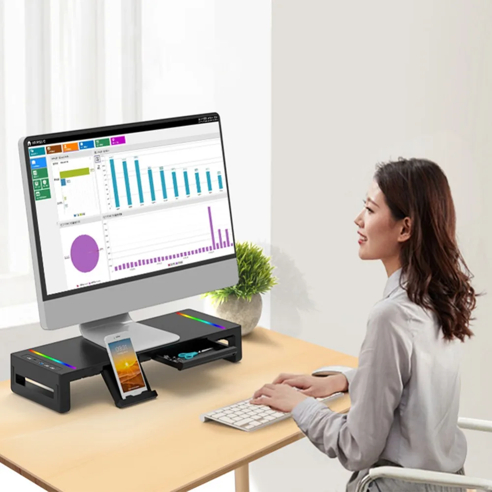 Suporte do Monitor de Computador Rgb Multi-function Dobrável Porta Usb 3.0 Teclado Mouse Prateleira de Armazenamento Gaveta Suporte do Monitor - Imagem 2