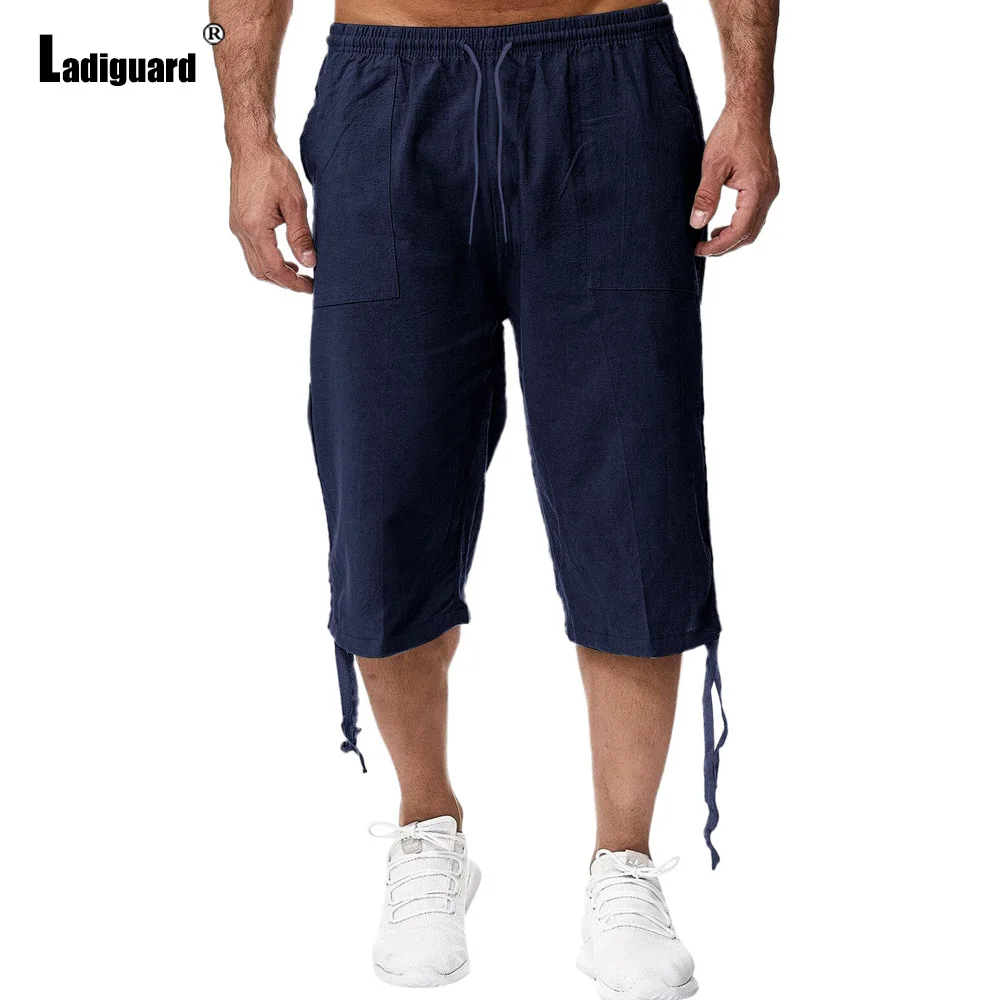 

Ladiguard Mens Cotton Linen Pants 2023 Summer Calf-Length Pants Male Drawstring Trousers Navy Khaki Outdoor Casual Pantalon