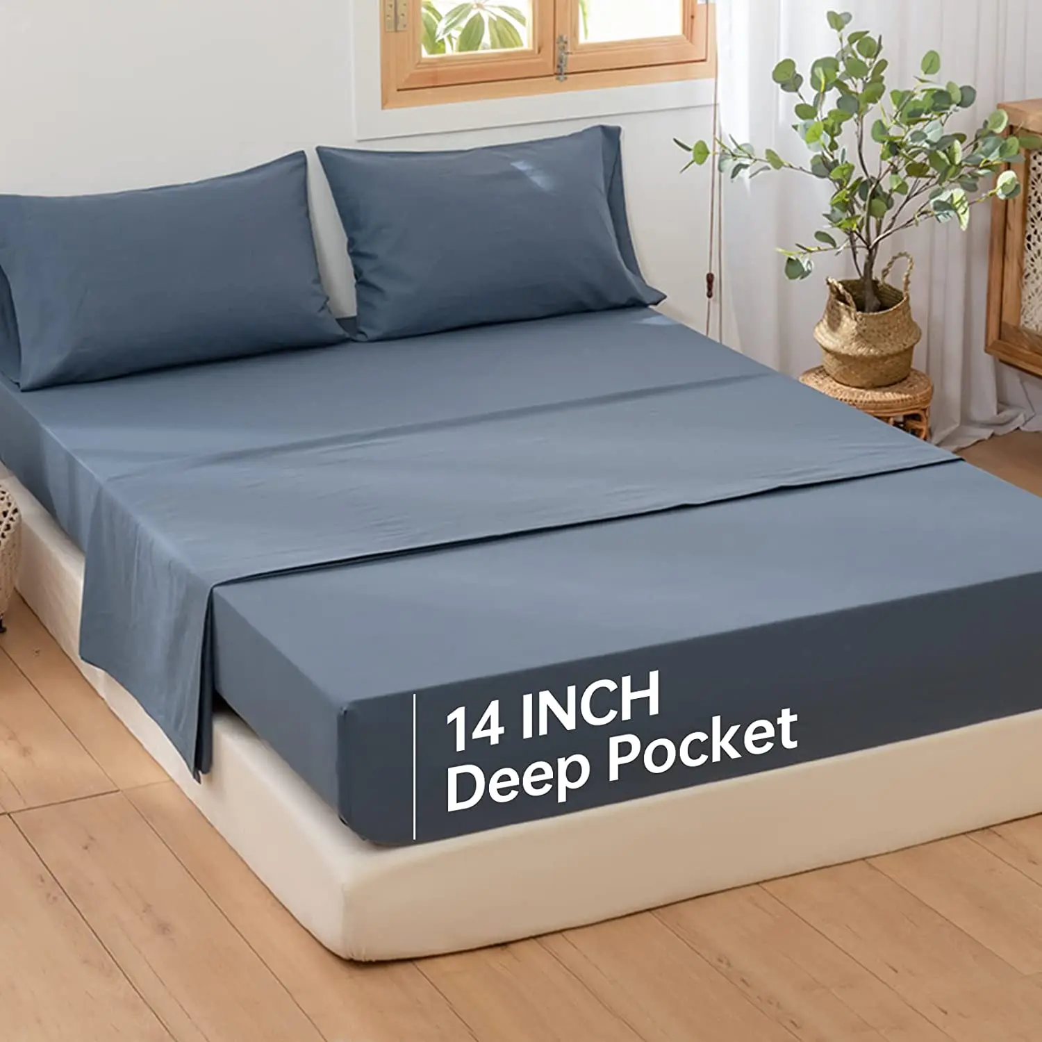 Simple&Opulence 1Pc Linen Cotton Fitted Sheet 14 Inch Deep Pocket Mattress Cover Natural Flax Breathable Bedding Set Bedsheet 4