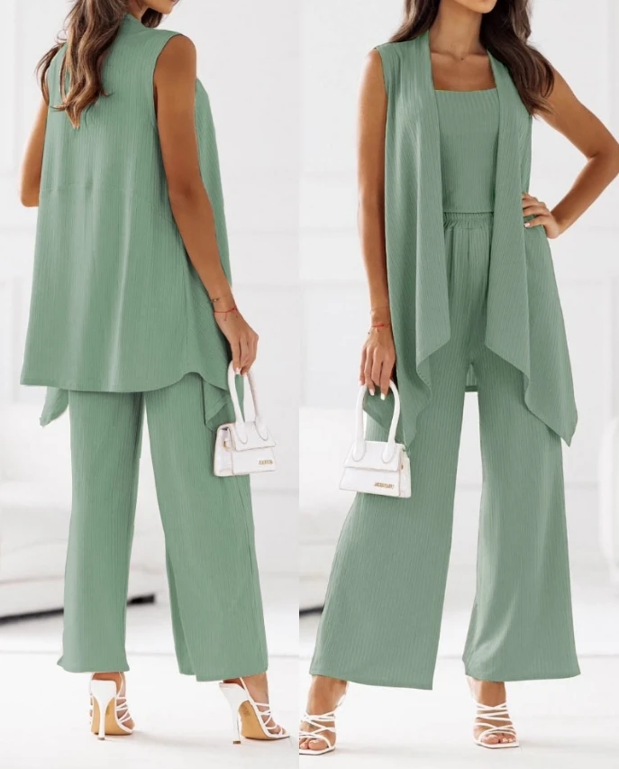 2024 Spring/summer Commuting Professional Women's Square Neck Solid Color Top and Wide Leg Pants Set with Coat