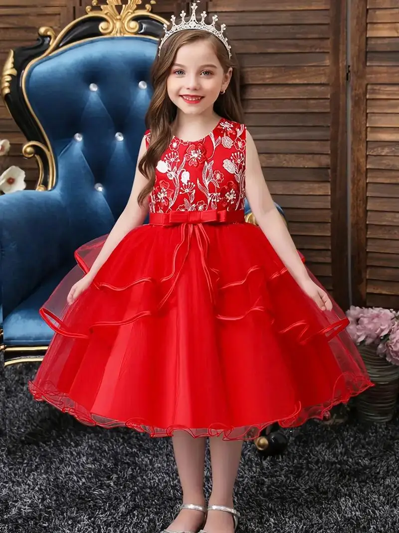 thumbnail image 1 of Girls Princess Dress Sleeveless Flower Embroidery Tutu Dress Performance Dress Wedding Flower Girls For Evening Birthday #5810, 1 of 5