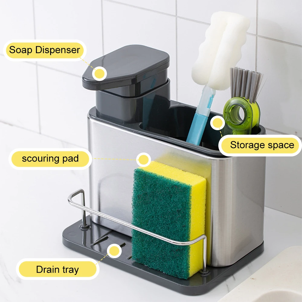 3-in-1 Kitchen Soap Dispenser Sponge Holder Dish Soap Dispenser Stainless Steel Sink Organizer Tray Rustproof Drainer Rack soap dispenser