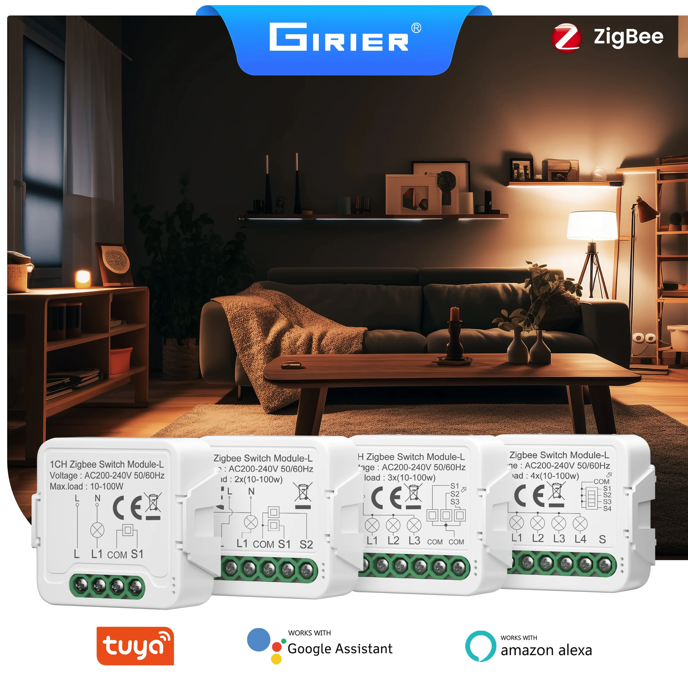 GIRIER Tuya ZigBee 3.0 스위치 모듈 중성선 불필요 가정용 범용 차단기 릴레이 1/2/3/4CH 양방향 제어 지원 Alexa
