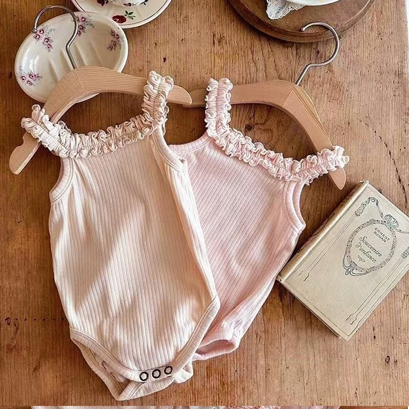 

2023 Summer Newborn Baby Girls Bodysuit Solid Wooden Ear Sling Jumpsuit Infant Girl Sleeveless Ribbed One Piece Climbing Clothes