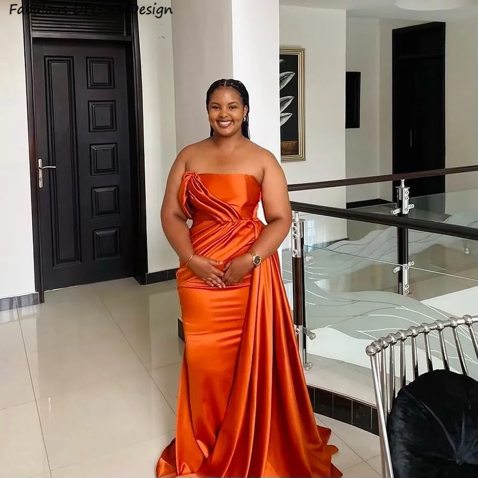 

Plus Size Orange Mermaid Bridesmaid Dresses Long One Shoulder Boat Neck Streamer Pleat Wedding Party Dress For Women Prom Gowns