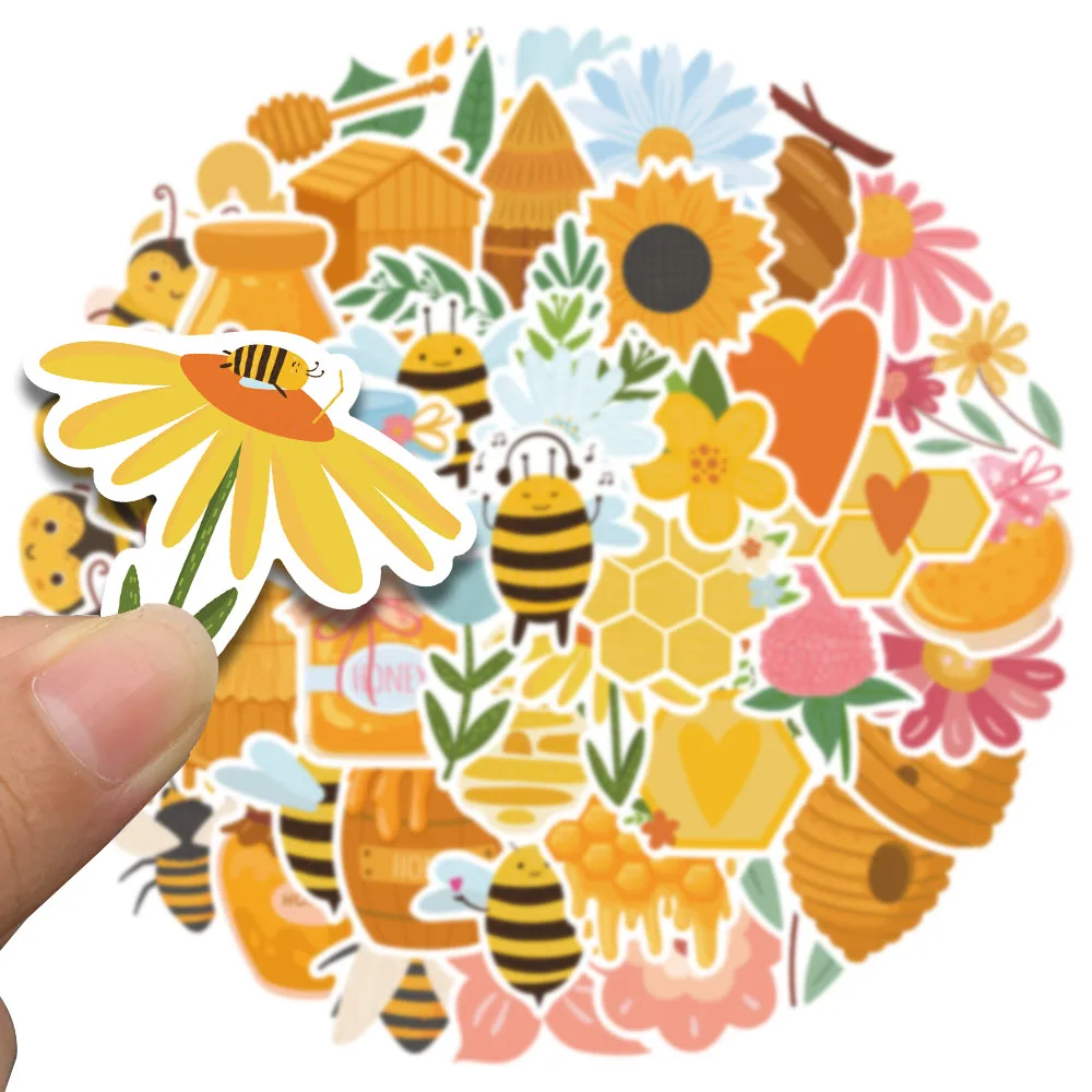 50pcs Cute Cartoon Honey Bee Flower Stickers For Luggage Guitar Phone Skateboard Waterproof Graffiti Laptop Decals Kids Toy
