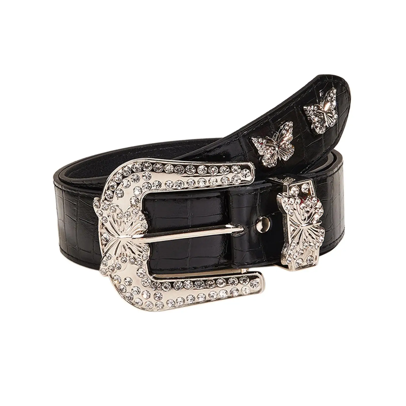 

Women Leather Belt Metal Prong Buckle Gothic Punk Belt Rhinestone Butterfly Decoration 1.5inch Width Trousers Accessories