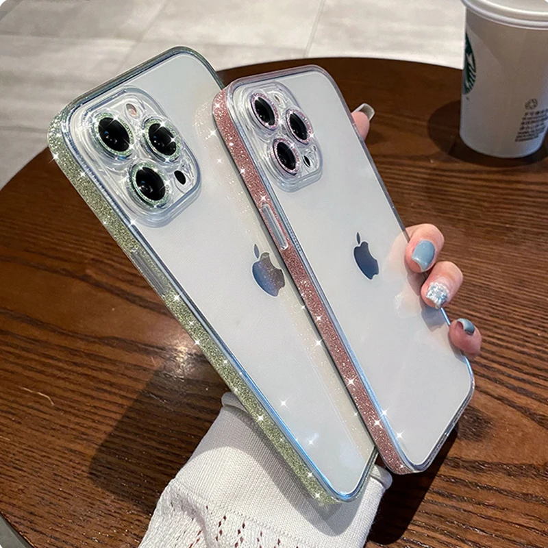 Luxury Glitter Frame Glass Back Transparent Case For iPhone 12 13 14