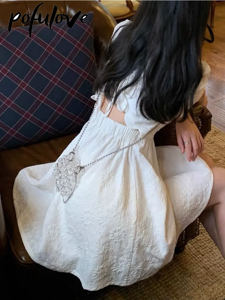 

Backless Dress for Women Sexy Embossed Jacquard White Dress Summer French Bubble Sleeves Vintage Gothic Kpop Short Dresses